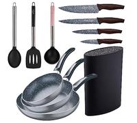 San Ignacio Set 3pc padella (16+20+24cm) alluminio pressato, induzione, nero Soul Marble con set 3pc utensili da cucina nylon con set 4pc coltelli acciaio inossidabile