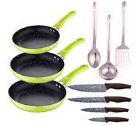 SAN IGNACIO Set 3pc padella (20+24+28cm) alluminio pressato verde con set 3 pc utensili da cucina in acciaio inox con set 4pc coltelli in acciaio inox