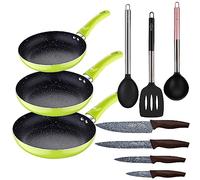 San Ignacio Set 3pc padella (20+24+28cm) alluminio pressato verde con set 3pc utensili da cucina nylon con set 4pc coltelli in acciaio inox