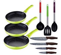 SAN IGNACIO Set 3pc padella (20+24+28cm) alluminio pressato verde con set 3pc utensili da cucina nylon con set 4pc coltelli in acciaio inox