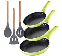 SAN IGNACIO Set 3pc padella (20+24+28cm) alluminio pressato verde con set 3pc utensili da cucina silicone legno