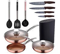 SAN IGNACIO Set di 5 padelle da 20,24,28 cm (con coperchio) alluminio pressato induzione con set 3pc utensili da cucina nylon con set 4pc coltelli in acciaio inox con Tacoma/bl