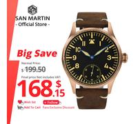 San Martin 41mm Cusn8 Orologio da pilota in bronzo NH35 Automatico ST3621 Orologio meccanico manuale da uomo Orologio militare semplice con zaffiro 10ATM SN0117 A-Black ST3621