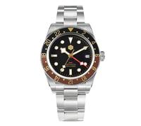 San Martin Luxury GMT Orologio da immersione automatico, quadrante nero, lunetta bicolore, cinturino in acciaio inossidabile, resistente all'acqua fino a 100 m, V 1, Lusso