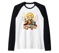 San Michele per Bambini Arcangelo cattolico Chibi Pregare Maglia con Maniche Raglan
