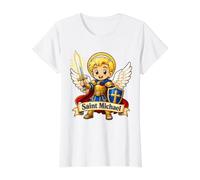 San Michele per Bambini Arcangelo cattolico Chibi Pregare Maglietta con Stampa Grafica Economica, Donna, Bianco, L