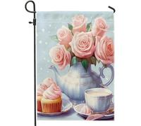 San Valentino bandiera da giardino rosa floreale teiera Bouquet fiore dolce cupcake a pois di classe lino blu decorazione per feste portico arredamento prato patio esterno per campeggio casa parete