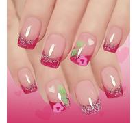 San Valentino Glitter Cuore Fiamma Francese 24PCS Breve Piazza Blush ABS Per Le Donne Partito Quotidiano Multipack San Valentino Francese Glitter Nail