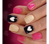 San Valentino Glitters Cuore Design Breve Piazza Unghie Finte 24 Pezzi ABS Unghie Artificiali per Le Donne Decori Del Partito Glitter Unghie Fint