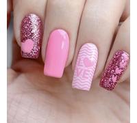 San Valentino Press On Nails Mediums Unghie finte Amore Cuore Unghie Artificiali Scintillanti Coperture Piene Stick On Nails