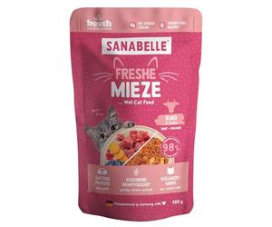Sanabelle Freshe Mieze - Manzo e pollo | Sacchetto da 100 g completamente riciclabile | Cibo umido cotto a vapore per gatti | Cibo per gatti come appena cucinato | Un marchio di alimenti per animali