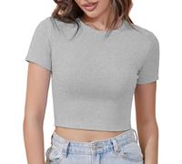 SanaRazo Top corto a maniche corte da donna in cotone a girocollo, maglietta aderente, per ragazze adolescenti, vestibilità aderente (grigio, XL)