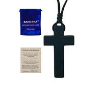 SANCTRA Collana con croce in legno per uomo e donna, realizzata a mano e benedetta in Terra Santa, ciondolo di fede cristiana con custodia regalo e certificato di autenticità.