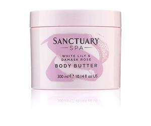 Sanctuary Spa Burro per il corpo, crema idratante corpo al giglio bianco e rosa damascata con burro di karité, vegana e cruelty free, 300 ml