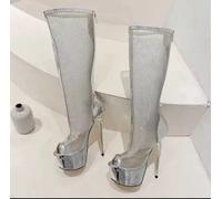 Sandali A Stivaletto Argento Con Rete Brillante E Plateau Alto Sexy E0R1A