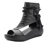 Sandali Alti in Pelle Donna, Piattaforma Estiva Stivali Casual Punta Aperta con Bocca Pesce Vintage, Sandali con Zeppa grossi Scarpe comode Spiaggia Stile Romano Donna,Nero,39 EU