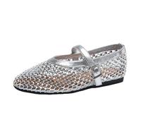 Sandali Ballerine ritagliate da Donna, Scarpe Eleganti Mary Jane comode con Punta Rotonda e Fibbia, Scarpe Basse Ballerine Sexy con Strass in Rete,Argento,38.5 EU