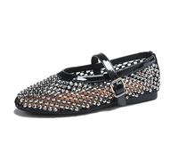 Sandali Ballerine ritagliate da Donna, Scarpe Eleganti Mary Jane comode con Punta Rotonda e Fibbia, Scarpe Basse Ballerine Sexy con Strass in Rete,Nero,37.5 EU