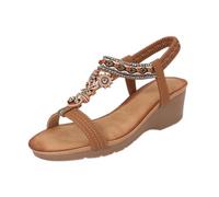 Sandali bassi da donna, stile bohémien, estivi, etnici, con zeppa bassa, con perline ricamate, comode, elastiche, da passeggio, Marrone, 38.5 EU