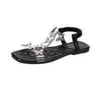 Sandali Bassi Donna Gioiello Eleganti Estive Scarpe piatte elastiche casual da Sandali da alla Scarpe Donna Estive Sandalo Mare (Black 36) Pelle Sandalo Estivo Elegante