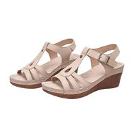 Sandali casual da donna con fibbia a foro laterale, suola obliqua e motivo romano - moda estiva comode scarpe da donna impermeabili, beige., 43 EU