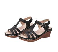 Sandali casual da donna con fibbia a foro laterale, suola obliqua e motivo romano - moda estiva comode scarpe da donna impermeabili, Nero , 36 EU