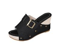 Sandali casual da donna con plateau e fibbia, con zeppa, con tacco effetto paglia, per vacanze estive e stili quotidiani senza sforzo, Nero , 40 EU