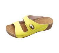 Sandali casual da donna con zeppa a due cinturini comodi, aperti sulla punta, sandali da spiaggia con decorazione metallica per l'uso quotidiano estivo a piedi, Giallo, 37 EU