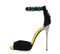 Sandali Classici da Donna Neri con Punta Aperta e Cinturino alla Caviglia con Cristalli - Eleganti Tacchi Alti per Matrimonio, Festa, Serata, appuntamento,Nero,39 EU