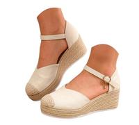Sandali Comodi Donna Women's Retro Suede Woven Wedge Sandals Fashionable Closed Toe Single Strap Thick Soled Height Increasing Women's Sandals (Beige, 38)