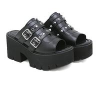 Sandali con Borchie Punk da Donna, décolleté gotici con Plateau Basso, Stivali con Fibbia a Punta Ritagliata, Scarpe con Plateau in Pelle Verniciata a Punta Aperta,Nero,38