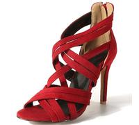 Sandali con Cinghie Stiletto Stile Romano Donna Suède Punta Tonda Tacco Alto Scarpe di Moda per Stile da Strada E Outfit da Vacanza Design con Cerniera Posteriore,Rosso,39 EU