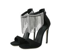 Sandali con Cinturino alla Caviglia con Frange di Strass per Le Donne - Stiletto da 11 cm - Tacchi Alti Leggeri ed Eleganti per Discoteche, Festa di Nozze,Nero,38 EU