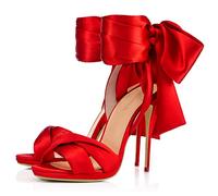 Sandali con cinturino con fiocchi da donna Sandali con tacco a punta aperta Sandali con lacci con tacco alto a spillo Abito da sera in raso da festa Scarpe con décolleté 4,7 pollici / 12 cm,Rosso,39