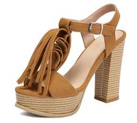 Sandali con Piattaforma in Suède Fascia A T Nappe Donna Tacco A Blocco Massiccio Punta Aperta Tacchi Eleganti Court Scarpe Vacanza Estiva E Festa Serale Dettaglio Frange,Giallo,43 EU