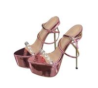 Sandali con Plateau e Tacco a Stiletto Metallici Rosa da Donna | Scarpe con cinturino alla caviglia e fascia sul dito con strass per matrimonio, discoteca, passerella, palcoscenico