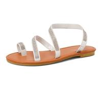 Sandali con Ponticello per l'Alluce Cristallo Flat Donna Decorazione Strass Bohémien Sandali da Spiaggia Estivi Calzature Casual per Uso Quotidiano e Viaggio,Bianca,36 EU