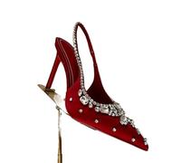 Sandali con Strass, Punta a Punta, Tacchi a Spillo, Tacchi Alti in Raso, squisite Scarpe da Sposa con Cristalli, Aperte(Red 8cm,37)