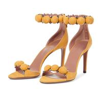 Sandali con Tacco a Spillo Borchie e Pompon Carini da Donna Alla Moda con Punta Aperta e Cinturino Alla Caviglia Grandi Dimensioni Tacchi Alti, Sexy Scarpe Sera Formali Ballo,Giallo,44 EU