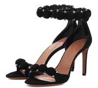Sandali con Tacco a Spillo Borchie e Pompon Carini da Donna Alla Moda con Punta Aperta e Cinturino Alla Caviglia Grandi Dimensioni Tacchi Alti, Sexy Scarpe Sera Formali Ballo,Nero,39 EU