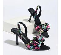 Sandali con tacco alto a punta con decorazione a fiori e fiocco, cinturino elastico, eleganti per feste, uso quotidiano, raduni, festival, pendolarismo, primavera/estate. Sandali con tacco alto in ras