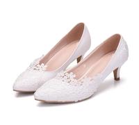 Sandali con tacco alto con fiore in pizzo, tacco basso a punta chiusa, scarpe da strada comode, fatte a mano, taglie forti, slip on leggere, Colore unico, 43 EU