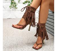 Sandali con tacco alto e frange in stile bohémien per donna, autunno/inverno. Nuovi stivali gladiatori con tacco alto e punta aperta, di moda, per taglie comode CN35,CN36,CN37,CN38,CN39,CN40,CN41,CN42