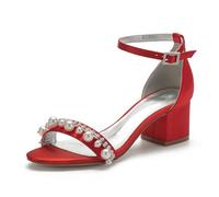 Sandali con Tacco da Donna Cinturino alla Caviglia Punta Aperta Scarpe da Sposa Scarpe da Donna con Tacco Medio per Matrimoni,Rosso,37 EU