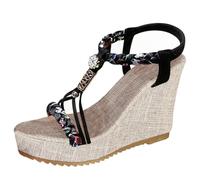Sandali Con Tacco Donna Eleganti Cerimonia Sandali con zeppa espadrillas da donna alla casual punta plateau zeppe cinturino alla Gioiello Scarpe Zeppa Alta (Black 36)