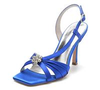 Sandali con Tacco Quadrato per Le Donne Tacchi A Spillo con Spalle Aperte Scarpe da Sera da Sposa con Strass,Blu,37 EU