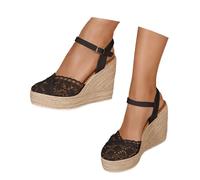 Sandali con zeppa da donna a piedi larghi sandali da spiaggia in pizzo estivo comodi ed eleganti traspiranti scarpe chiuse per il tempo libero, Nero , 38 EU
