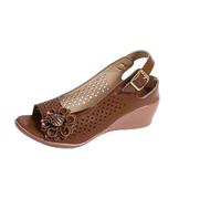 Sandali con zeppa da donna casual, sandali piatti da donna con fibbia regolabile alla caviglia, punta aperta, senza schienale, in rete traspirante, sandali a piedi nudi con applicazioni floreali