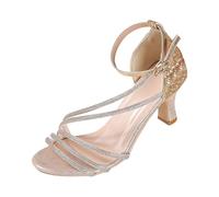 Sandali con zeppa da donna, eleganti sandali piatti con decorazioni in cristallo e cinturino perforato con tacco alto che scorre design, Oro, 37.5 EU