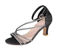 Sandali con zeppa da donna, eleganti sandali piatti con decorazioni in cristallo e cinturino perforato con tacco alto che scorre design, Nero , 38 EU
